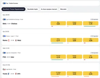 Jogos em destaque com apostas disponíveis na Betclic – finais de várias ligas europeias Lista de jogos de futebol com odds para apostas em tempo regulamentar, incluindo partidas como Bétis vs Chelsea, PSG vs Inter e Reims vs Metz